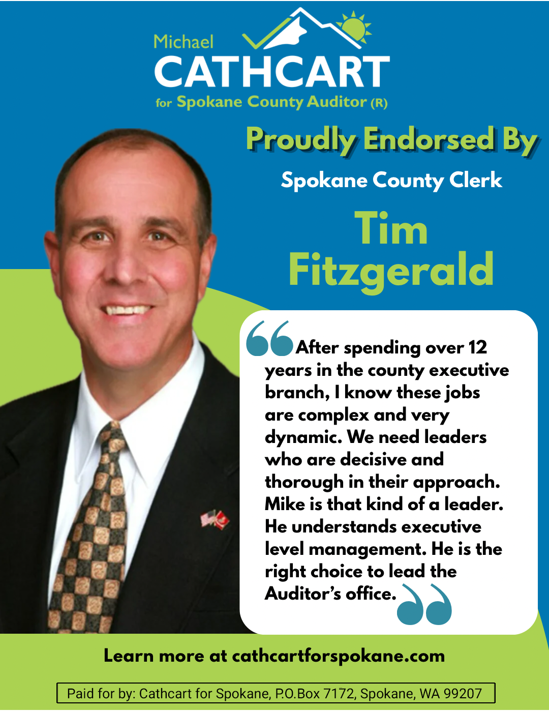 Tim Fitzgerald endorsement of Michael Cathcart for Spokane County Auditor